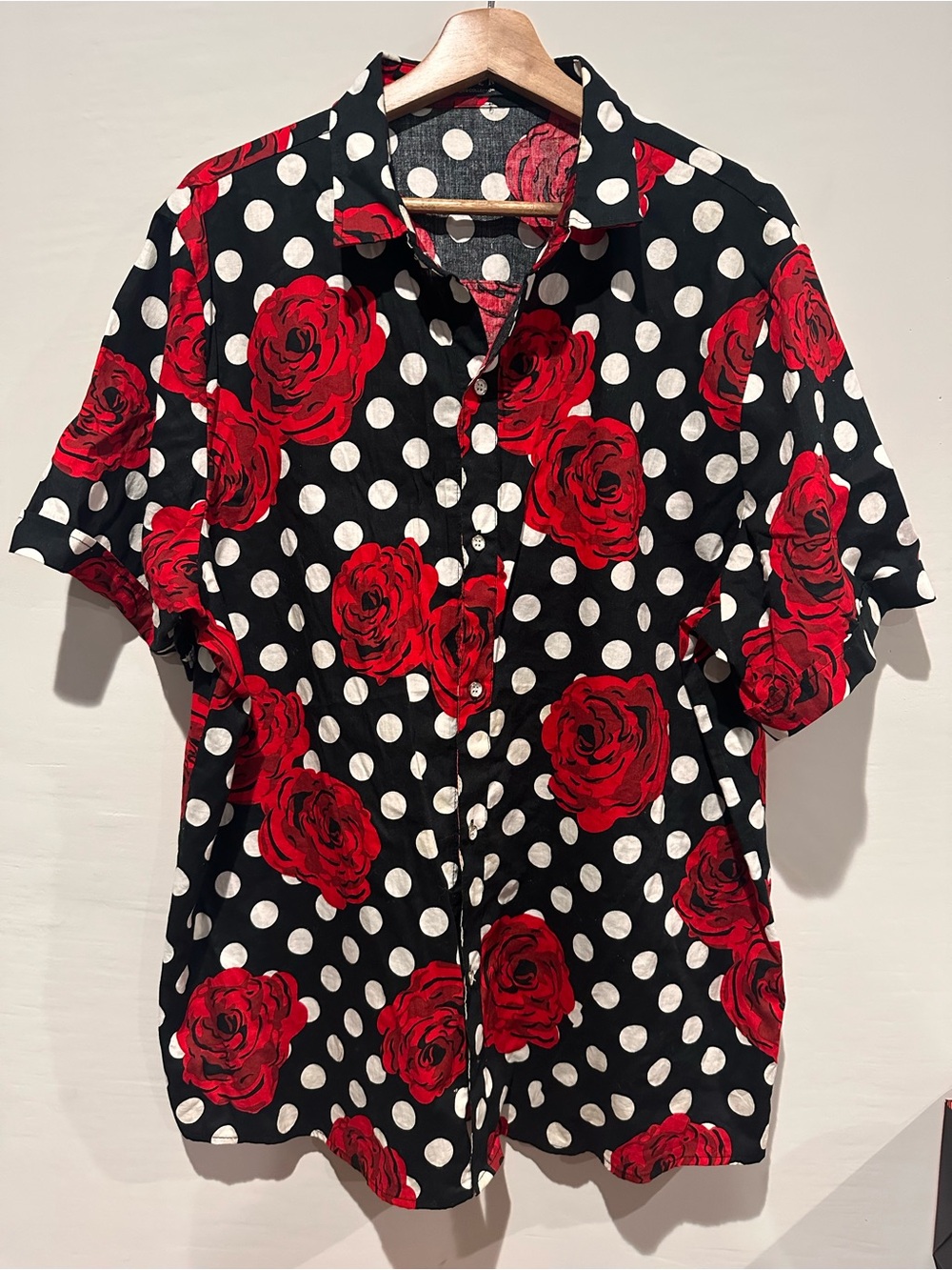 Short-Sleeve Black Button-Down Shirt with Red Rose & White Polka Dots
